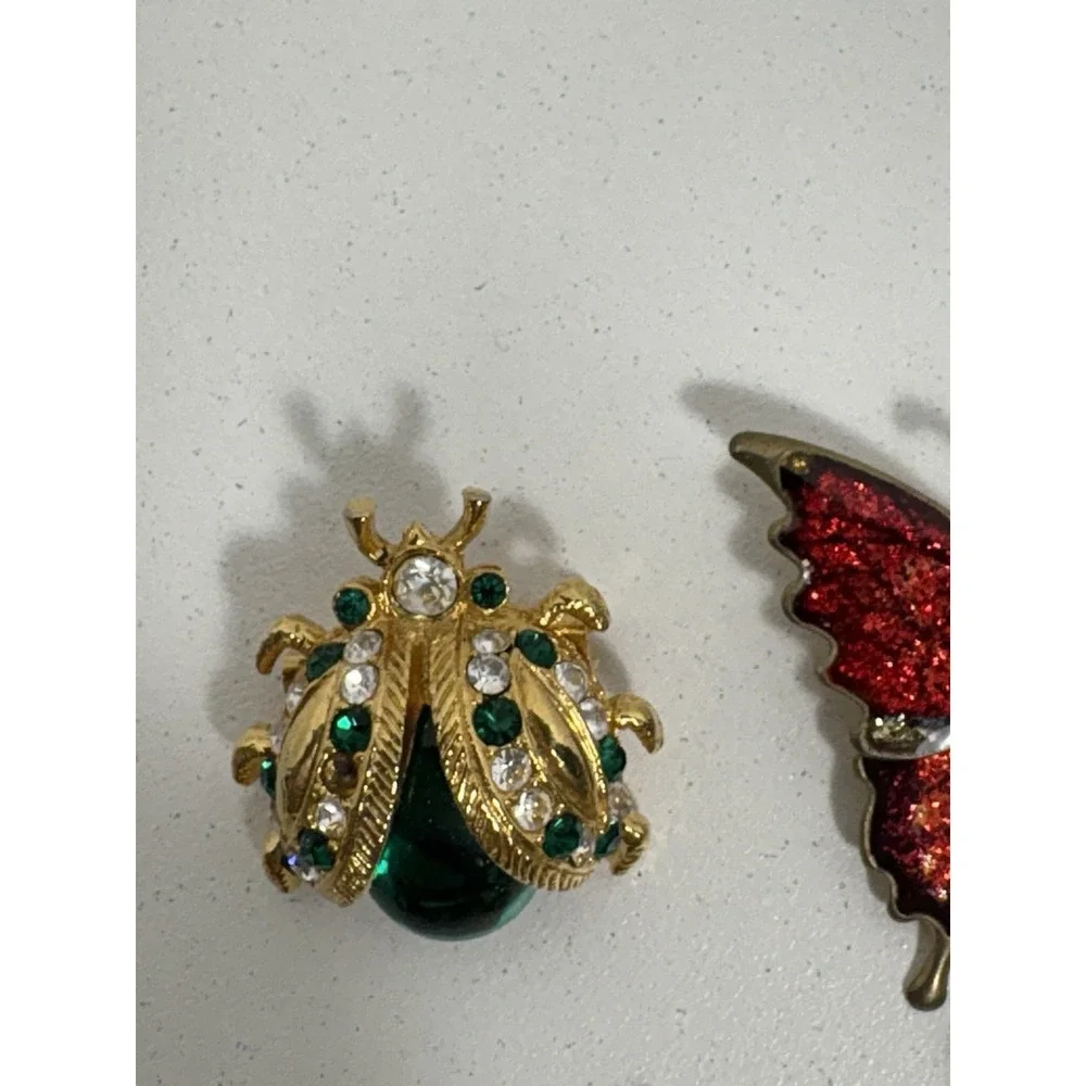 Vintage Brooch Pin Lot 6 Bug Green Cat Owl Penguin Butterfly Rhinestones Animals